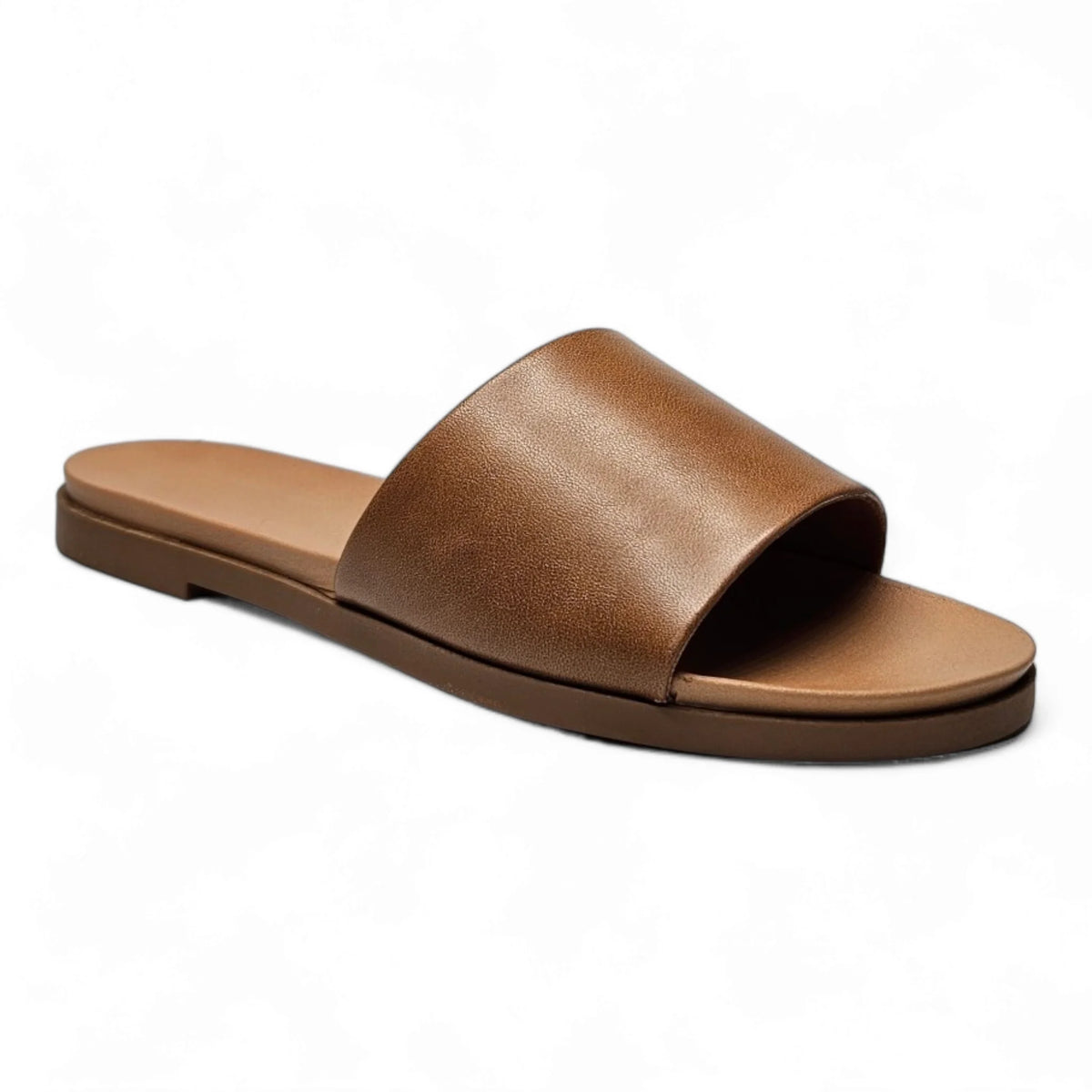 Brown leather Daily Slide Sandal with wide strap and flat sole for casual comfort