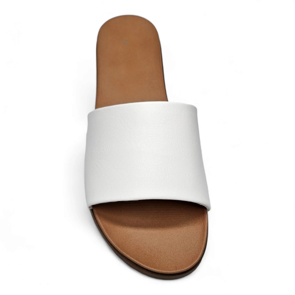 White leather Daily Slide Sandal with tan footbed and sole, stylish summer footwear