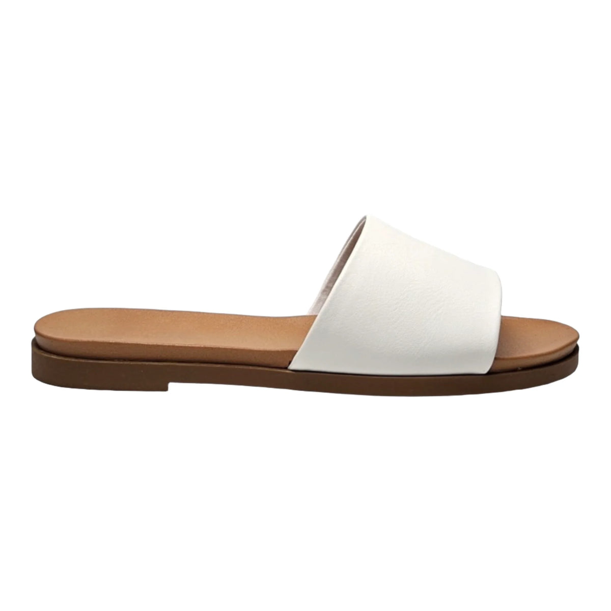 White leather Daily Slide Sandal with tan sole and dark brown base