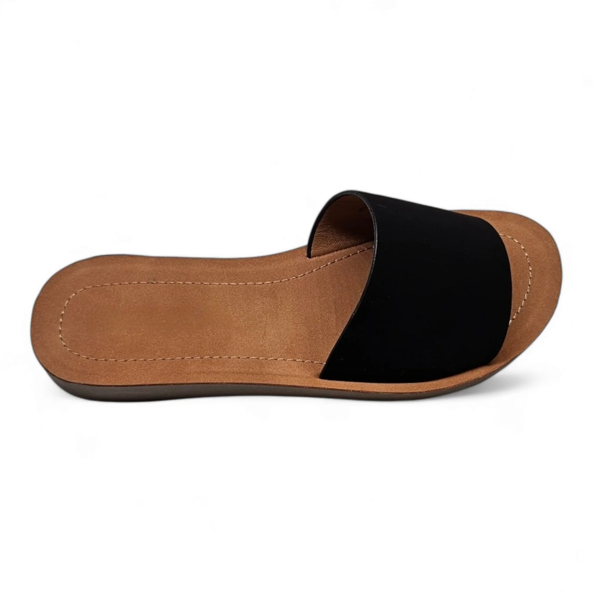 Black fabric slide sandal with tan leather sole from Daily Slip On Flat Sandal collection