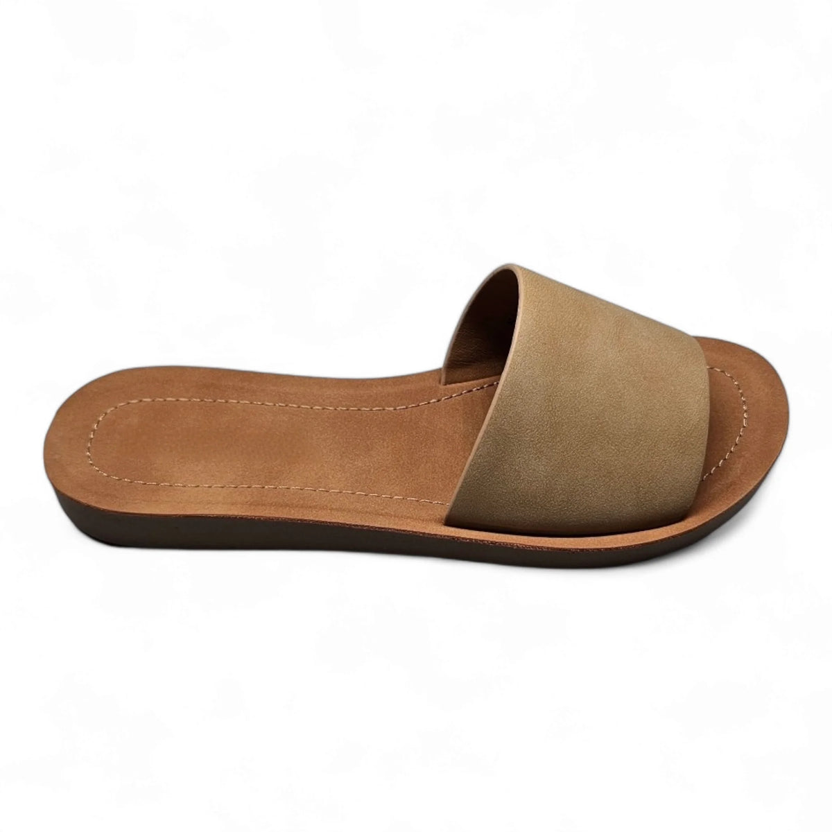 Tan leather Daily Slip On Flat Sandal with wide strap across the top