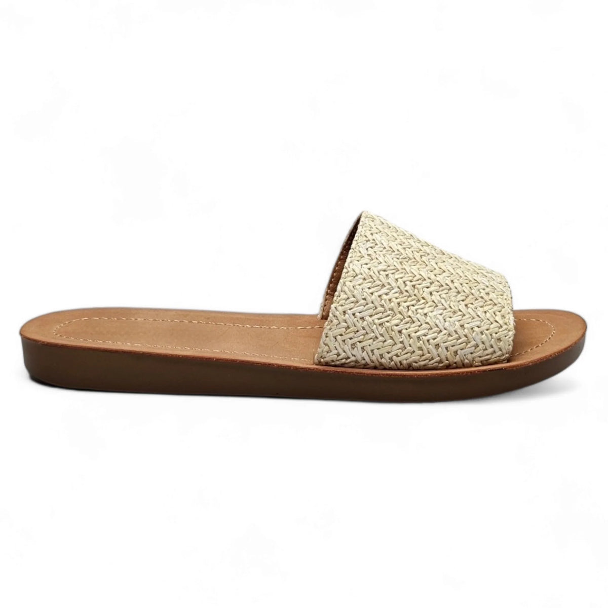 Woven straw slide sandal with brown sole from Daily Slip On Flat Sandal collection