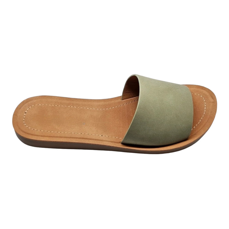 Sage green leather slide sandal with tan sole from Daily Slip On Flat Sandal collection