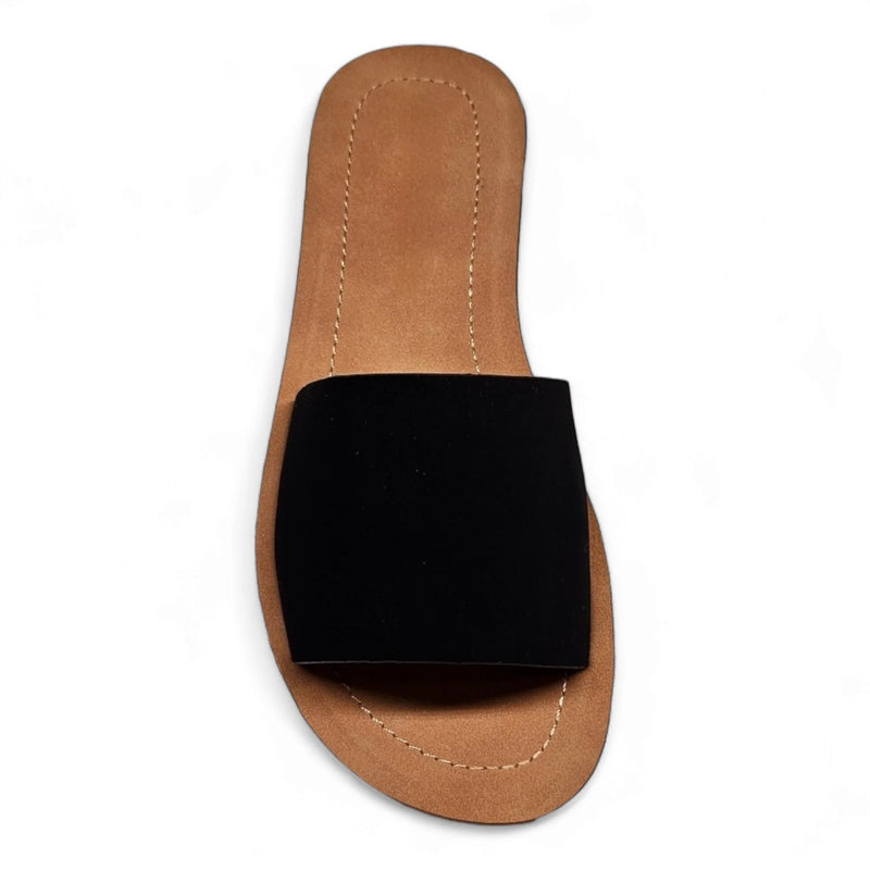 Daily Slip On Flat Sandal featuring black fabric strap and tan leather sole