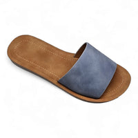 Blue leather Daily Slip On Flat Sandal with tan sole for comfortable style