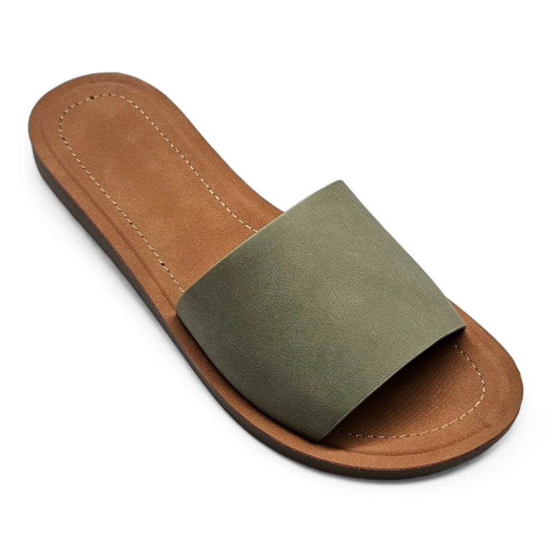 Olive green leather slide sandal with tan sole from Daily Slip On Flat Sandal collection