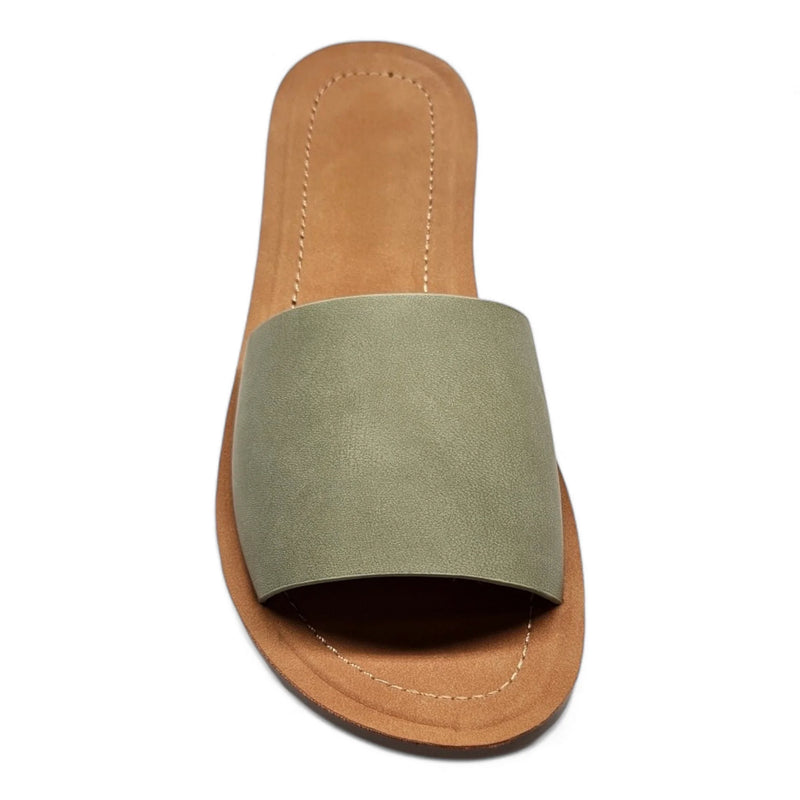 Olive green leather Daily Slip On Flat Sandal with tan sole for stylish comfort