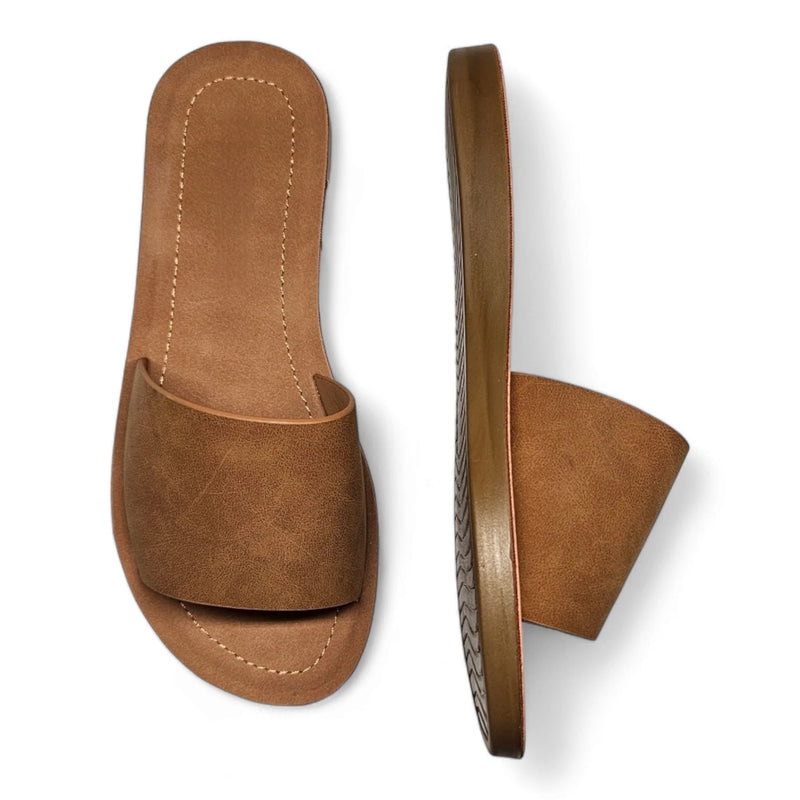 Tan leather slide sandals with flat soles from Daily Slip On Flat Sandal collection