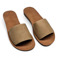 Tan leather Daily Slip On Flat Sandal with wide straps for comfort and style