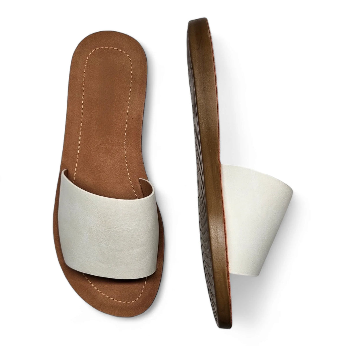 Pair of White Leather Slide Sandals with Brown Soles Daily Slip On Flat Sandal