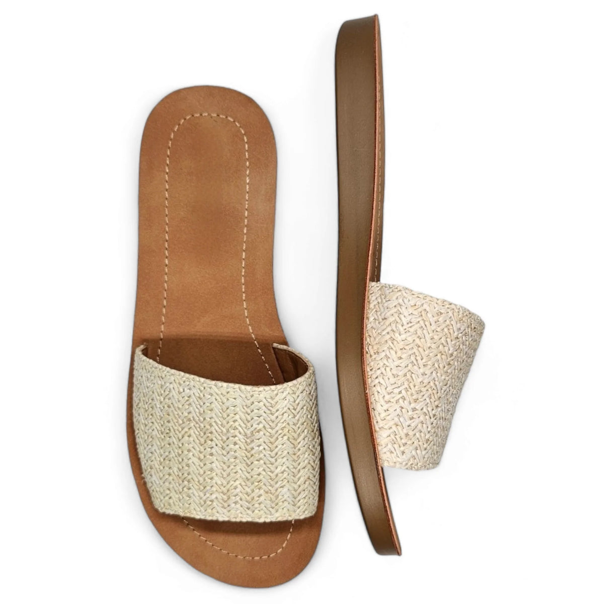 Pair of woven straw and leather Daily Slip On Flat Sandals with flat soles