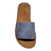 Daily Slip On Flat Sandal featuring a blue leather strap and tan sole design