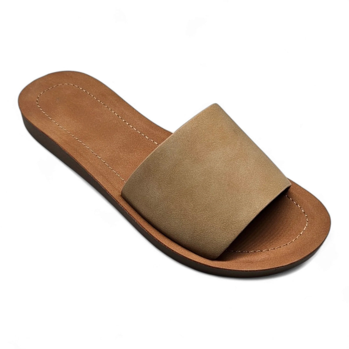 Tan leather Daily Slip On Flat Sandal with wide strap across the top