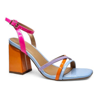 Colorful Strappy Ankle Wrap Heel with chunky orange heel and stylish design