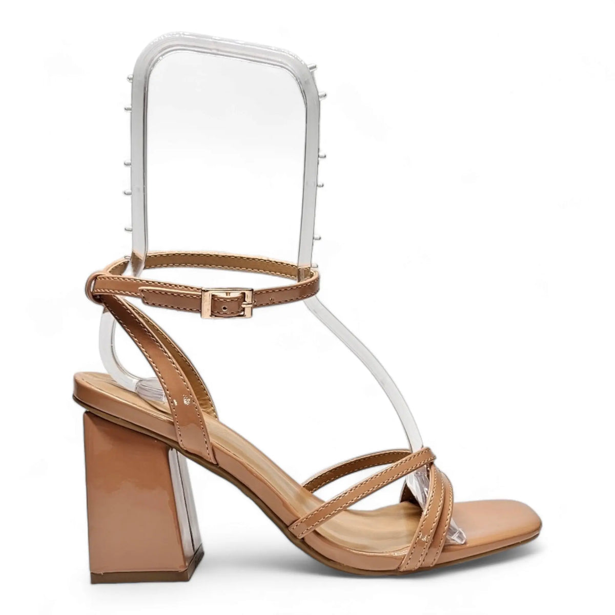 Tan leather Strappy Ankle Wrap Heel with chunky block heel and strappy design