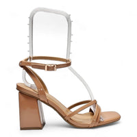 Tan leather Strappy Ankle Wrap Heel with chunky block heel and strappy design