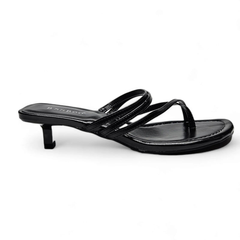 Black strappy kitten heel sandal with toe strap slide design and low heel elegance