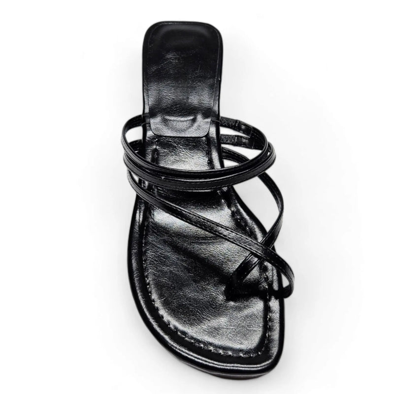 Black leather toe strap slide kitte heel sandal with strappy design for stylish comfort