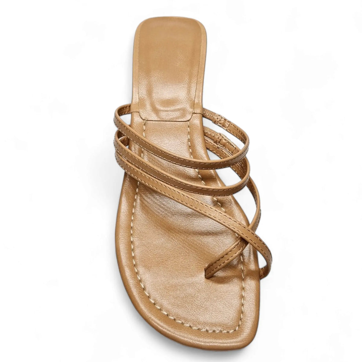 Strappy gold leather toe strap slide kitten heel sandal with flat sole and toe loop