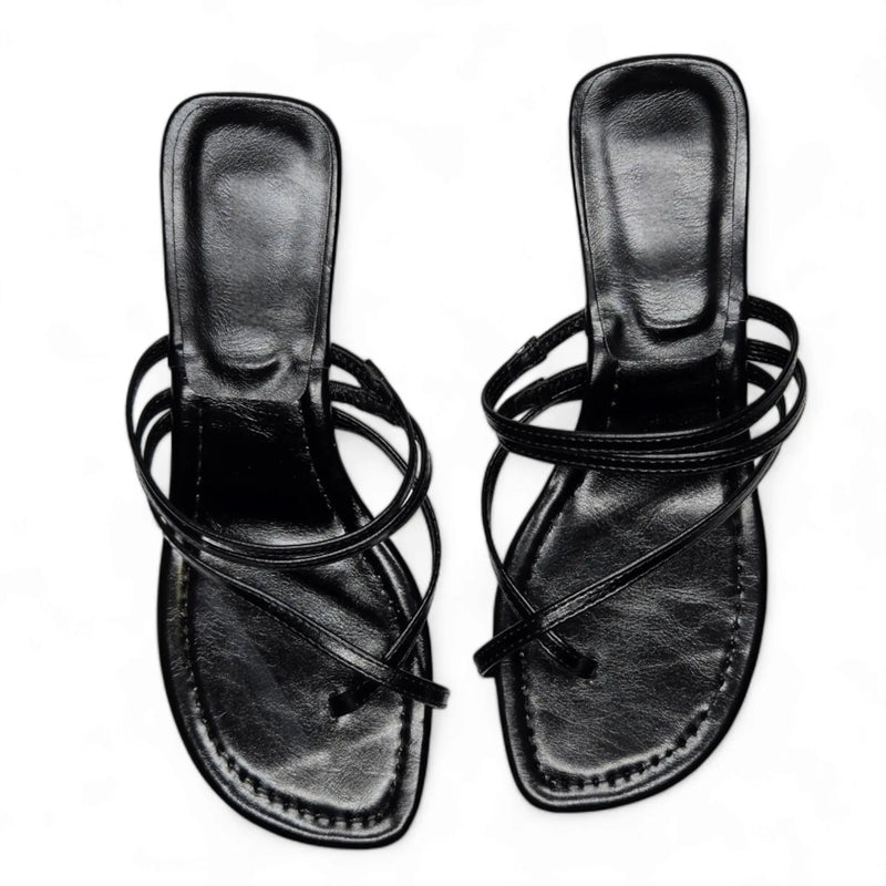 Black leather strap slide kitten heel sandals with thin toe straps and flat soles