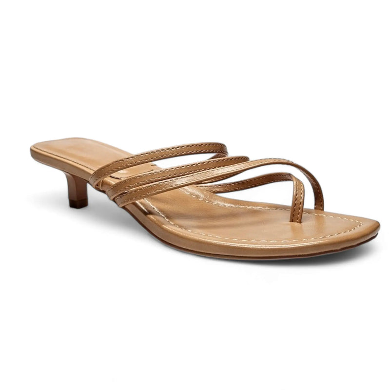 Tan leather toe strap slide kitten heel sandal with a low heel for stylish comfort