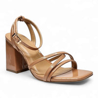 Tan leather Strappy Ankle Wrap Heel with chunky block heel and stylish strappy design