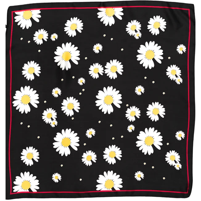 Daisy Scarf featuring a daisy pattern on a black background for stylish outfits