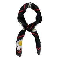 Black silk Daisy Scarf featuring a daisy flower pattern and red accents