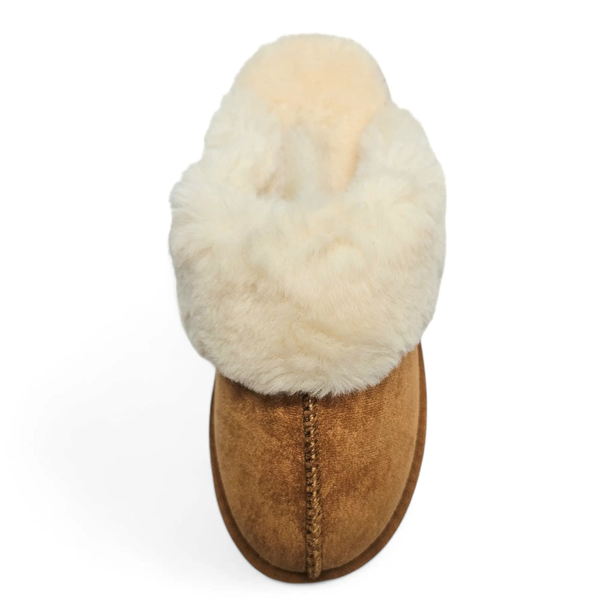 Darwin Fuzzy Platform Slippers in tan suede with plush white wool lining