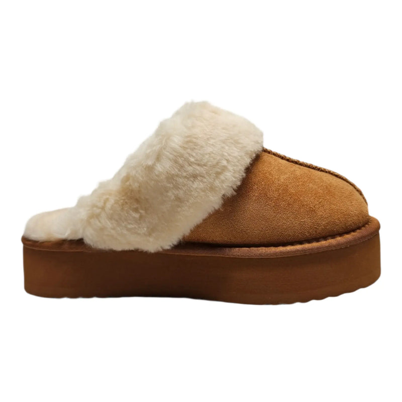 Tan suede Darwin Fuzzy Platform Slippers with fluffy white fur trim and platform sole