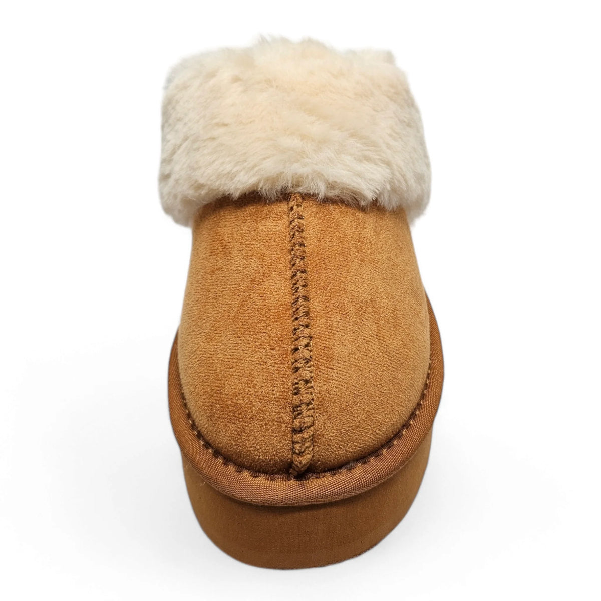 Tan suede Darwin Fuzzy Platform Slippers with white fur trim and visible stitching