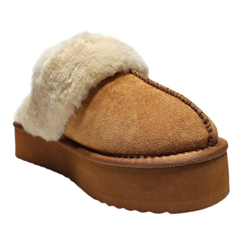 Tan suede Darwin Fuzzy Platform Slippers with thick sole and fuzzy white trim