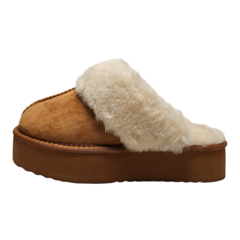 Tan suede Darwin Fuzzy Platform Slippers with white fur trim and thick sole