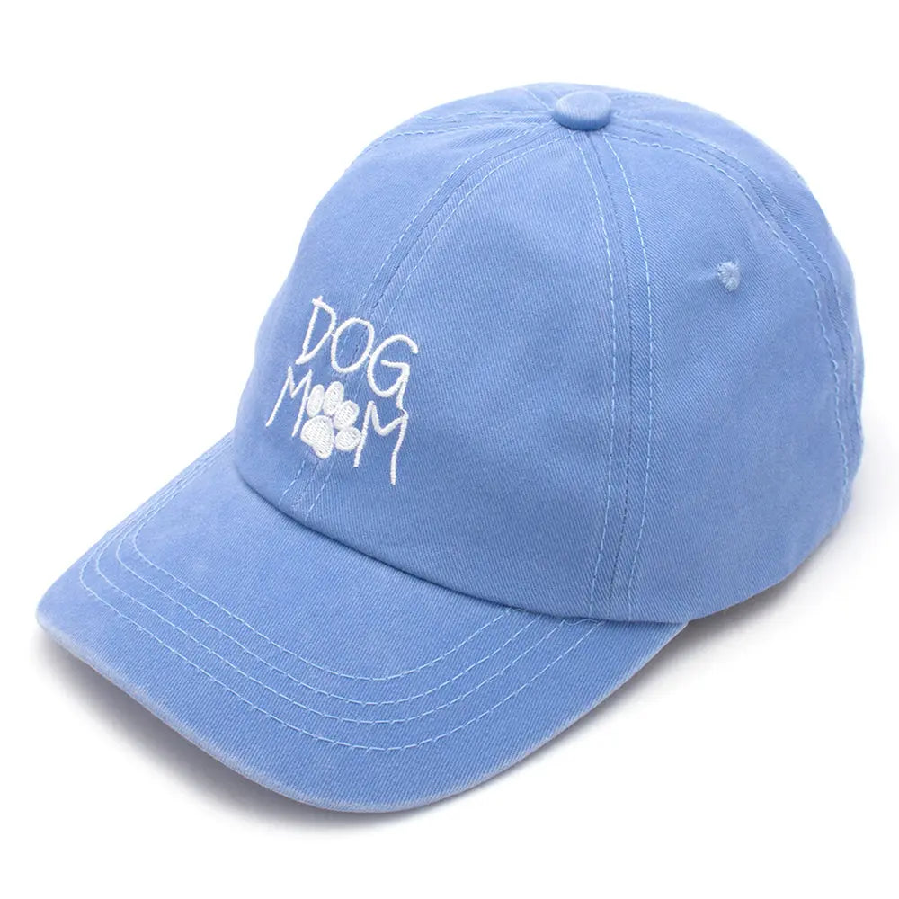 Light blue Dog Mom Cap with DOG MOM embroidered on the front for proud dog moms