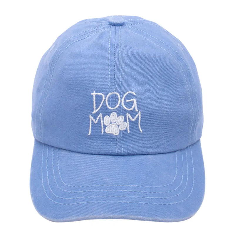 Light blue dog mom cap with white DOG MOM embroidery and paw print design