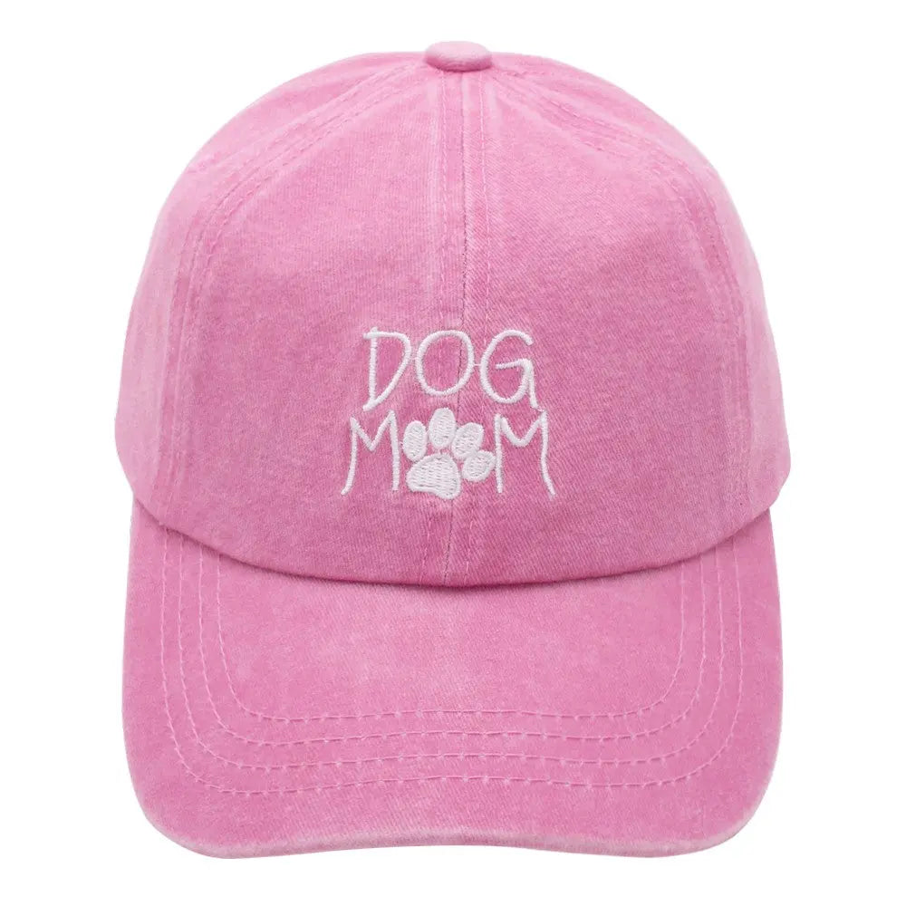 Pink Dog Mom Cap with paw print design and DOG MOM embroidery on the front