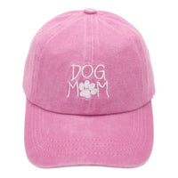 Pink Dog Mom Cap with paw print design and DOG MOM embroidery on the front