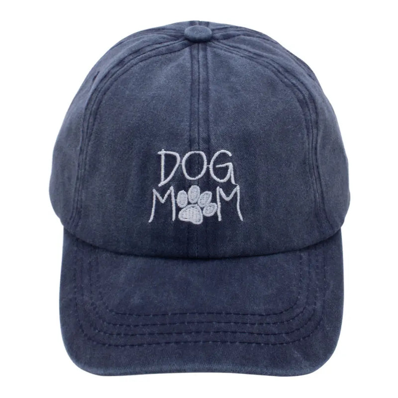 Navy blue dog mom cap with DOG MOM and paw print embroidery for stylish pet lovers