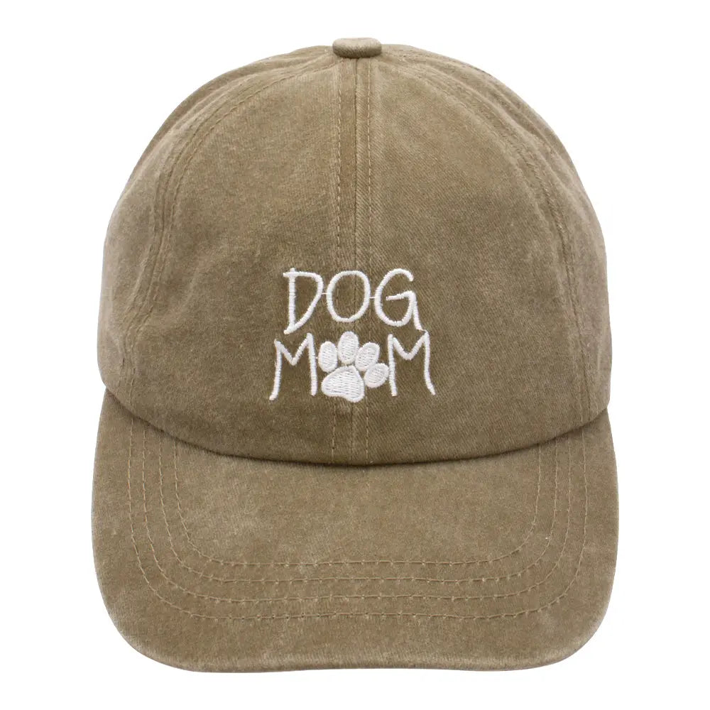 Tan Dog Mom Cap with white embroidered paw print, perfect for proud dog moms