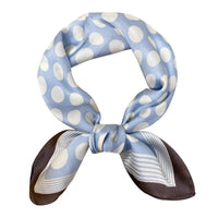 Polka dot silk scarf in light blue and white with brown edges, perfect silky neck accessory