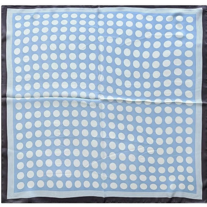 Light blue dot silky neck scarf with white polka dots and dark border design