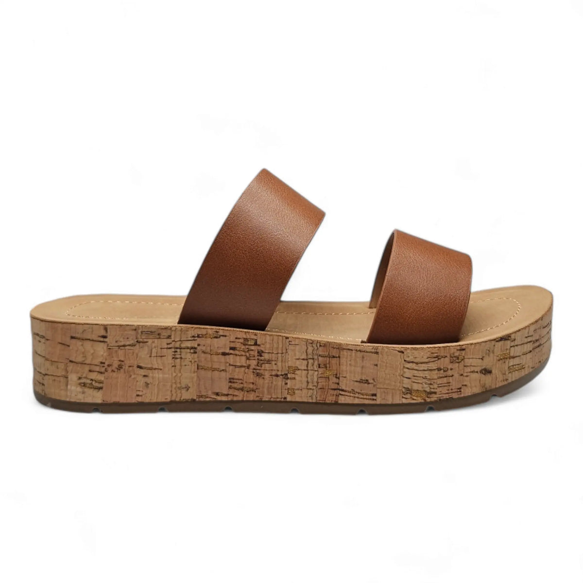 Brown leather Double Strap Whisper Sandal with cork-textured sole and wide straps