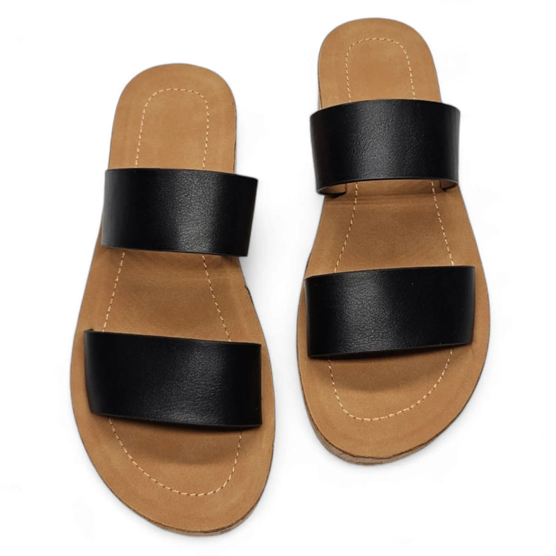 Black and tan leather Double Strap Whisper Sandals with two stylish straps