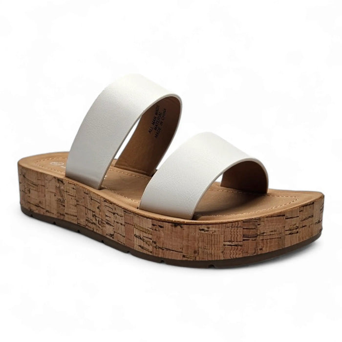 White leather Double Strap Whisper Sandal with cork platform sole for stylish comfort