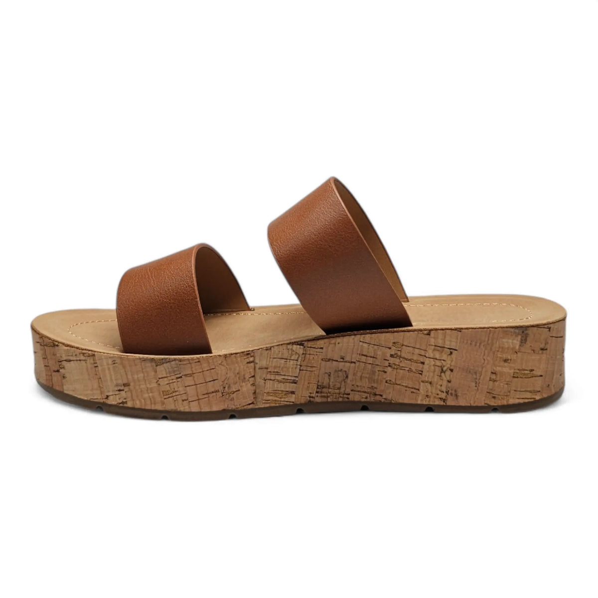 Brown leather Double Strap Whisper Sandal with cork platform sole for stylish comfort