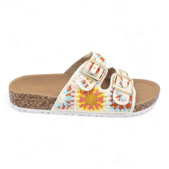 Colorful Double Band Crochet Slip On Sandals with buckle straps and cork-like sole