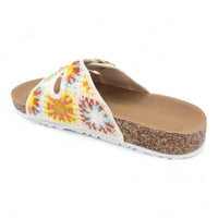 Colorful floral-patterned crochet slip sandals with cork-like sole and white strap