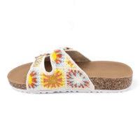 Colorful embroidered crochet slip sandals with cork-like sole and buckle strap