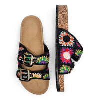 Colorful crochet slip on sandals with buckled straps and cork soles for stylish comfort