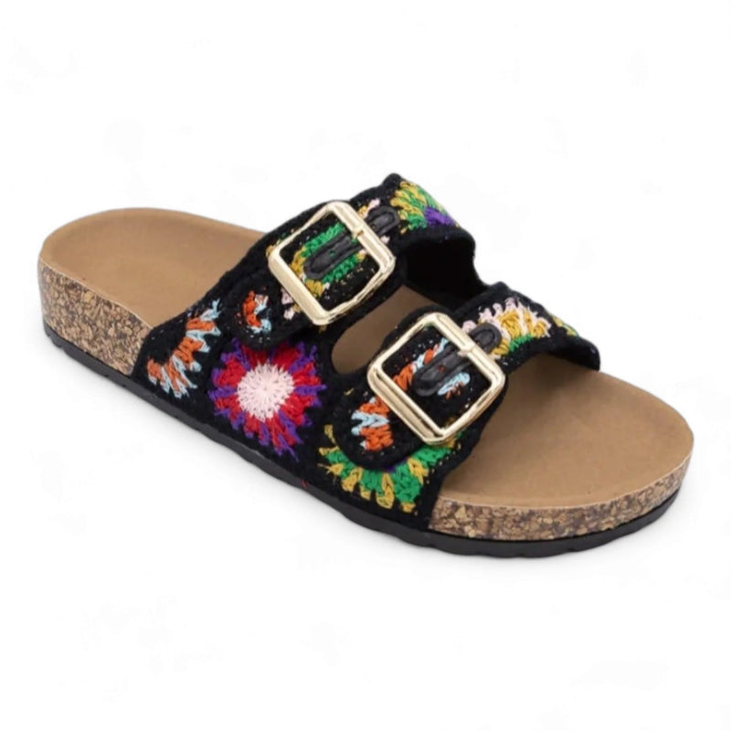 Colorfully embroidered Double Band Crochet Slip On Sandals with cork-like sole and straps